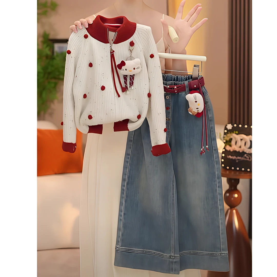 女童毛球针织衫牛仔裤套装2025新款春秋款毛线衣红色针织衫阔腿裤