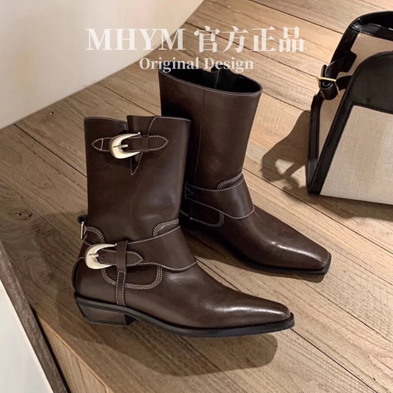 现货 新疆女孩~休闲百搭金属扣户外粗跟沙漠西部短靴女马丁靴子