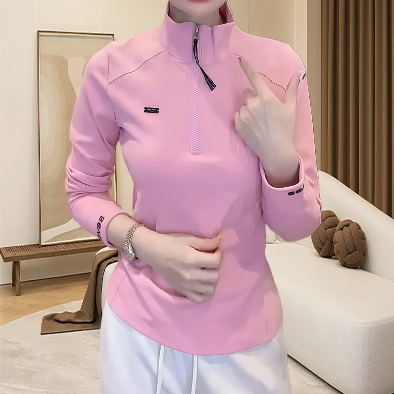 韩系立领半拉链刺绣长袖T恤女2025秋季新款修身显瘦百搭洋气上衣