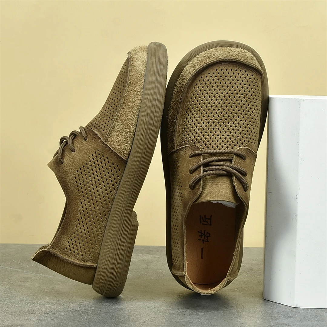 25新款春夏季头层牛皮宽头镂空透气耐磨休闲百搭轻便软底夏季男鞋