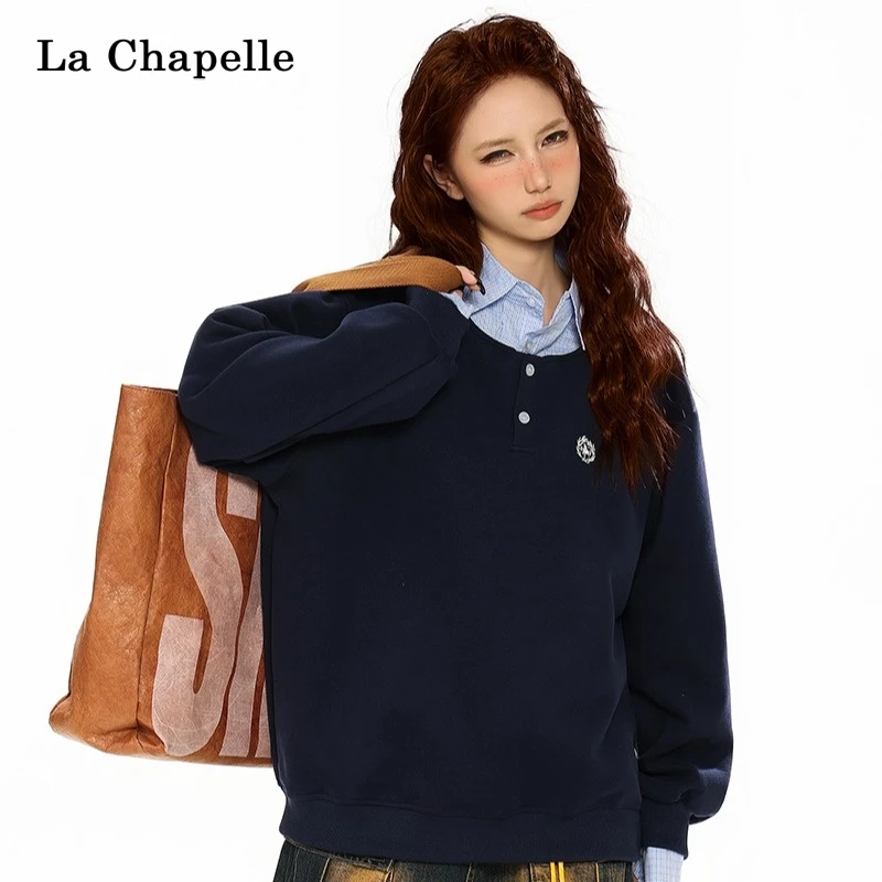 拉夏贝尔秋冬大码潮酷加绒爆款刺绣宽松新款休闲长袖T恤卫衣女