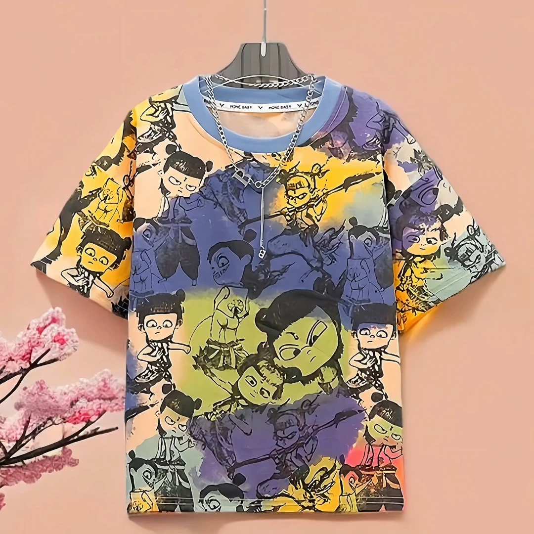 男童满印涂鸦哪吒T恤2025夏季新潮款儿童卡通动漫胖男孩宽松短袖