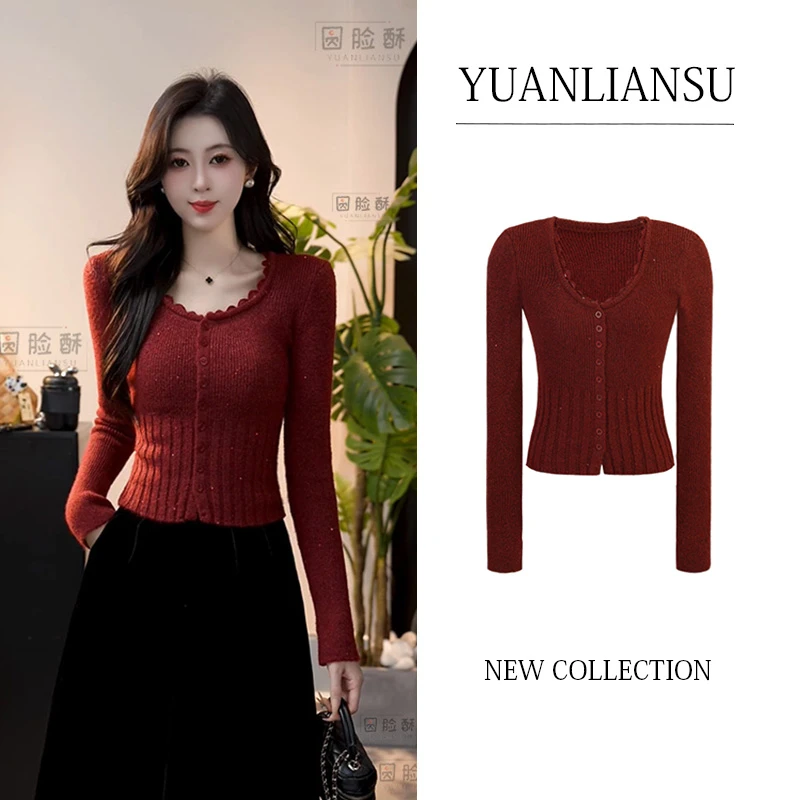 【微醺岛屿】法式新款百搭红色拼接蕾丝边针织衫