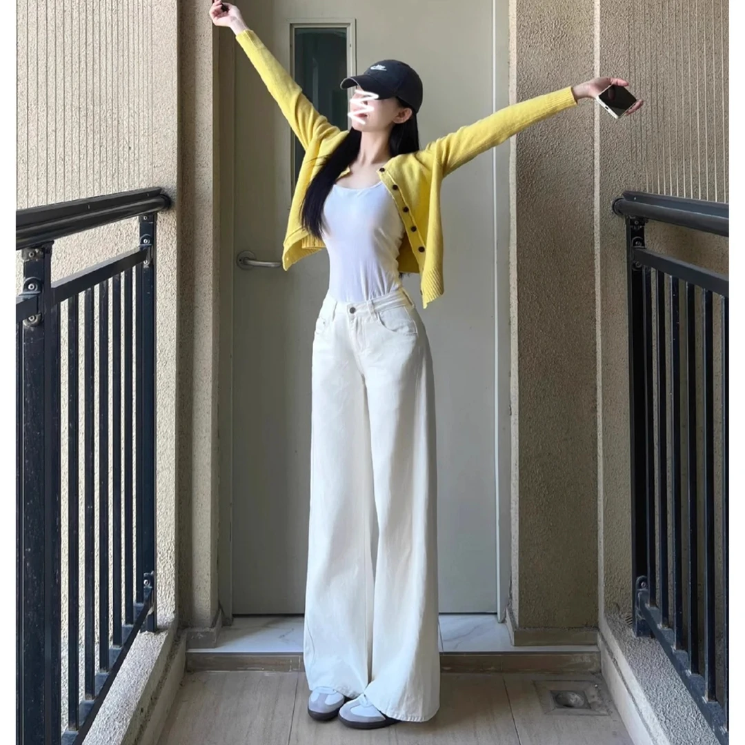 拉夏贝尔白色阔腿牛仔裤女冬季加绒显瘦时尚洋气百搭宽松直筒裤子