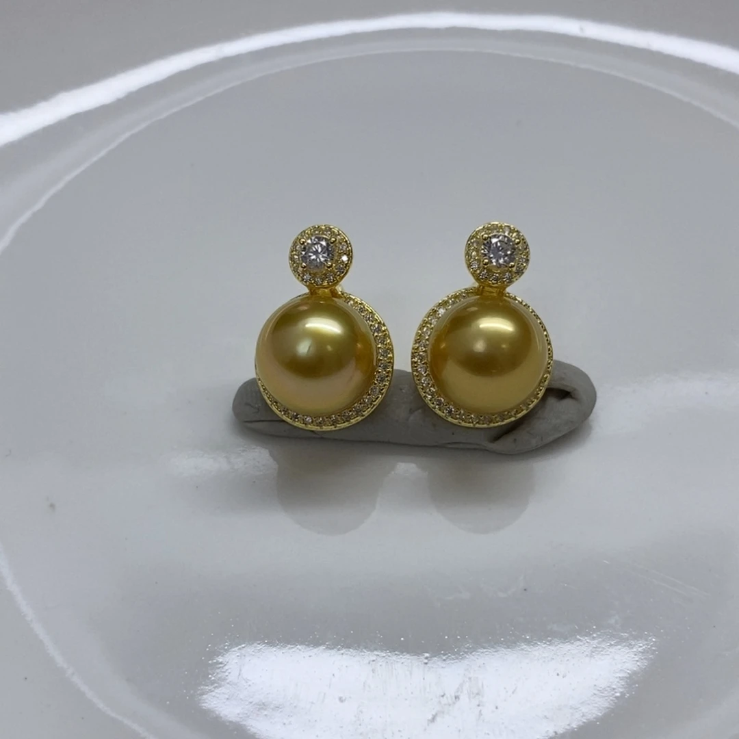 银S925镶嵌海水珍珠耳饰金珠耳饰10-11m m