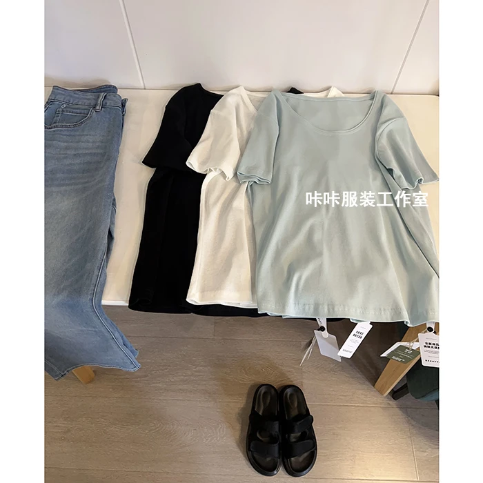 REKAYYAT“望月”100%棉夏季纯色显瘦洋气宽松滚领短袖T恤