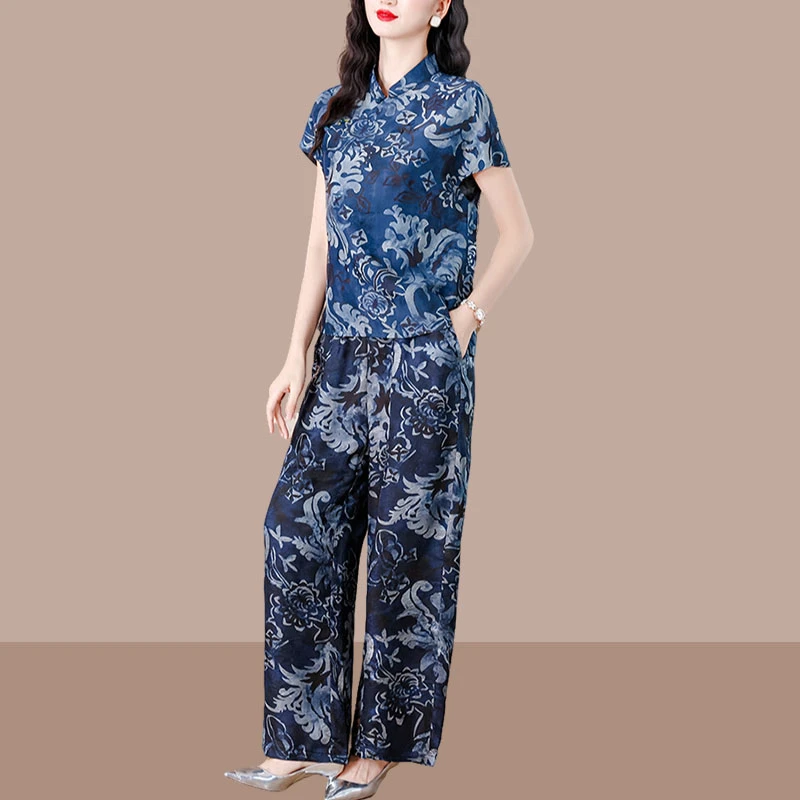 清冷风新中式青花瓷斜襟扣短袖国风气质小衫慵懒随性休闲裤套装女