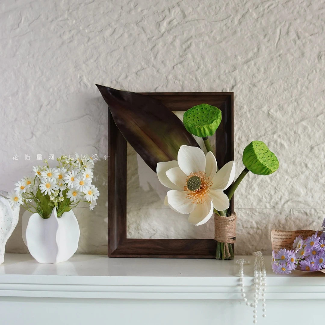 花屿星河|设计 仿真花装饰画立体画花艺摆件相框花艺手感保湿荷花