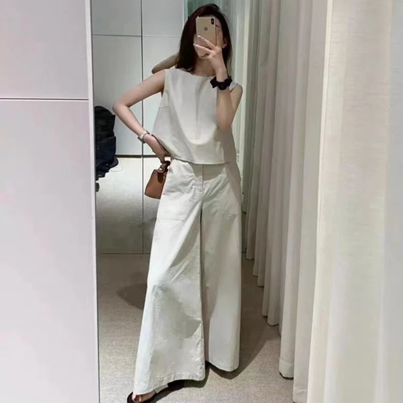 韩版休闲减龄套装女2025夏季新款慵懒风短款无袖上衣阔腿裤两件套