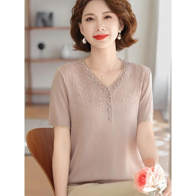 时尚妈妈夏季冰丝短袖T恤针织小衫2025新款中老年女薄款洋气上衣