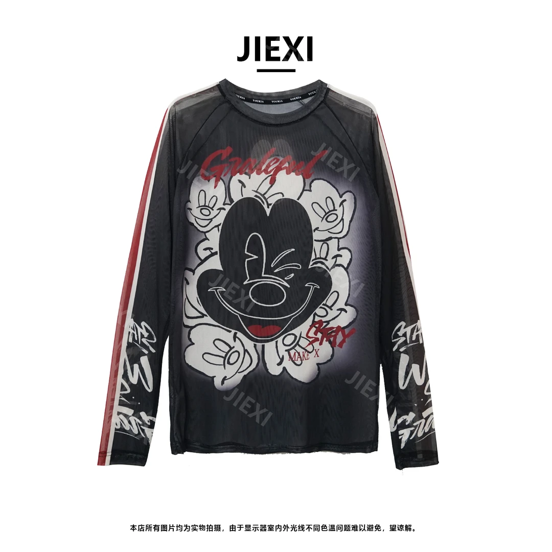 JIEXI长袖弹力时尚休闲宽松设计师米奇网纱防晒衣T恤jx1208
