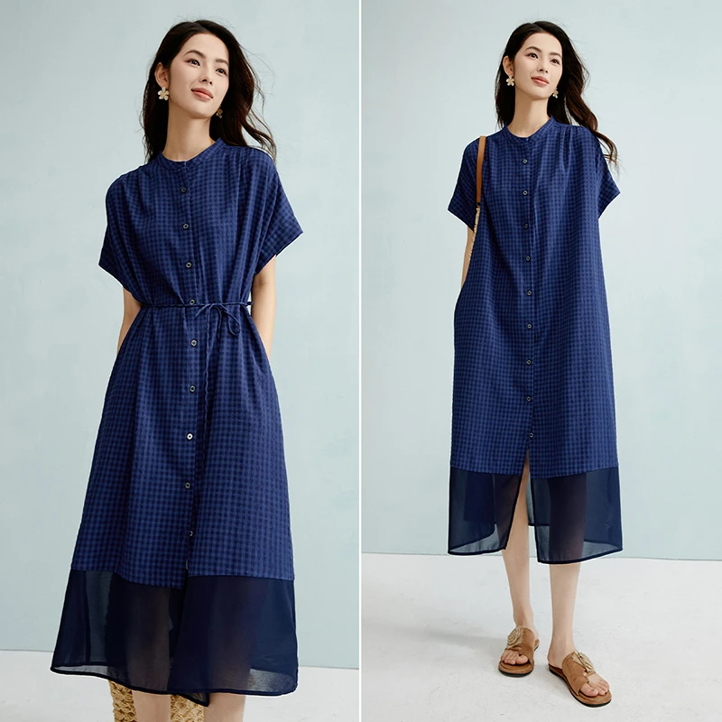 【新品】2025夏宽松遮肉慵懒风裙子格纹系带A字连衣裙25040912