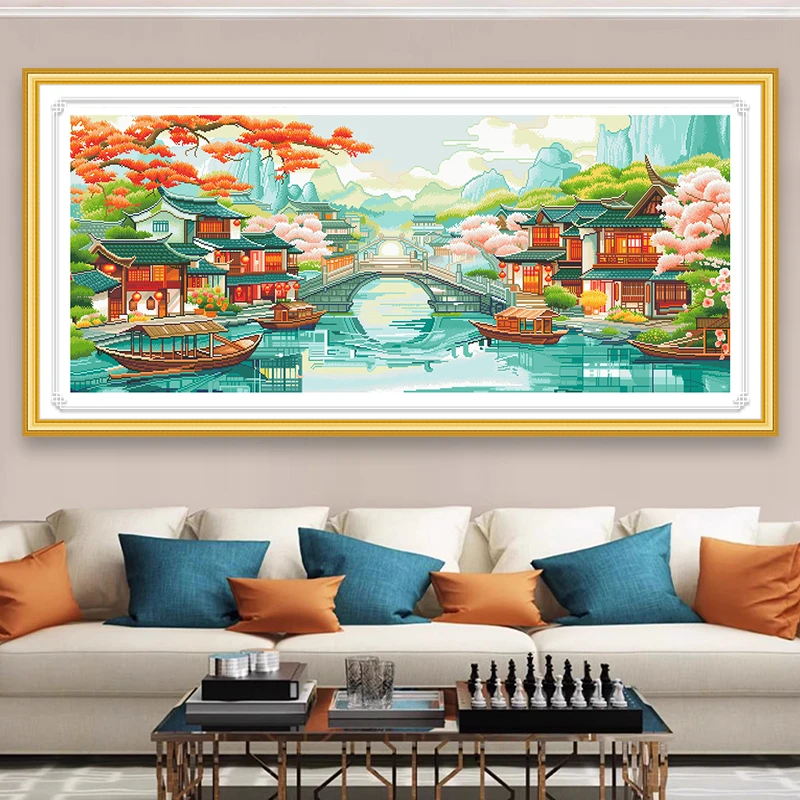 忆江南十字绣2025新款线绣山水画客厅餐厅满绣手工小桥流水刺绣
