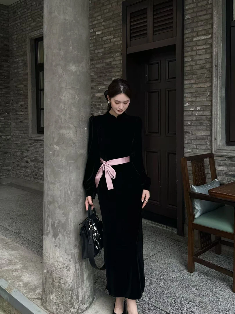 D113375F显瘦立领大摆连衣裙修身女装女士套头裙子