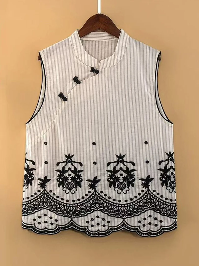 复古立领打底常规款无袖上衣夏季薄款提花文艺花纹