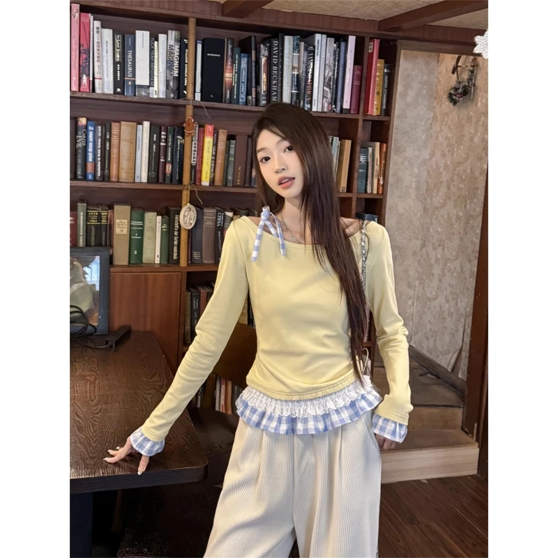 【金咕咕】大码女装胖mm假两件长袖T恤女小众蕾丝拼接格子内搭上衣