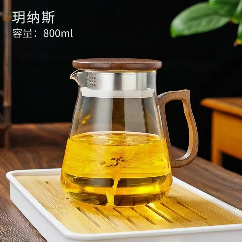 耐热玻璃泡茶壶实木把茶水分离家用过滤花茶壶耐高温凉水壶没内胆