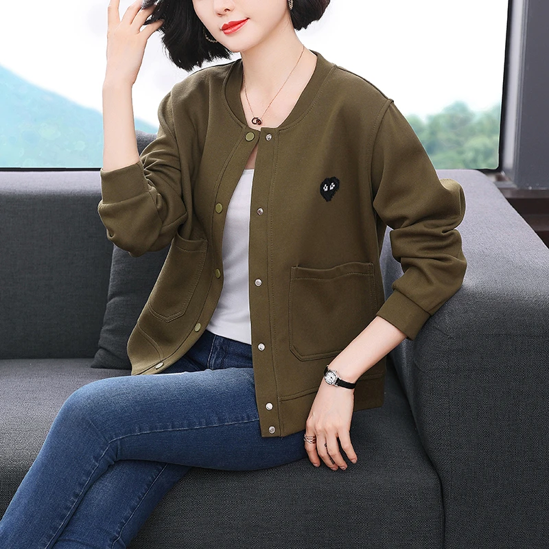 2025韩版春秋纯色百搭时尚优雅气质显瘦长袖妈妈装棒球服外套