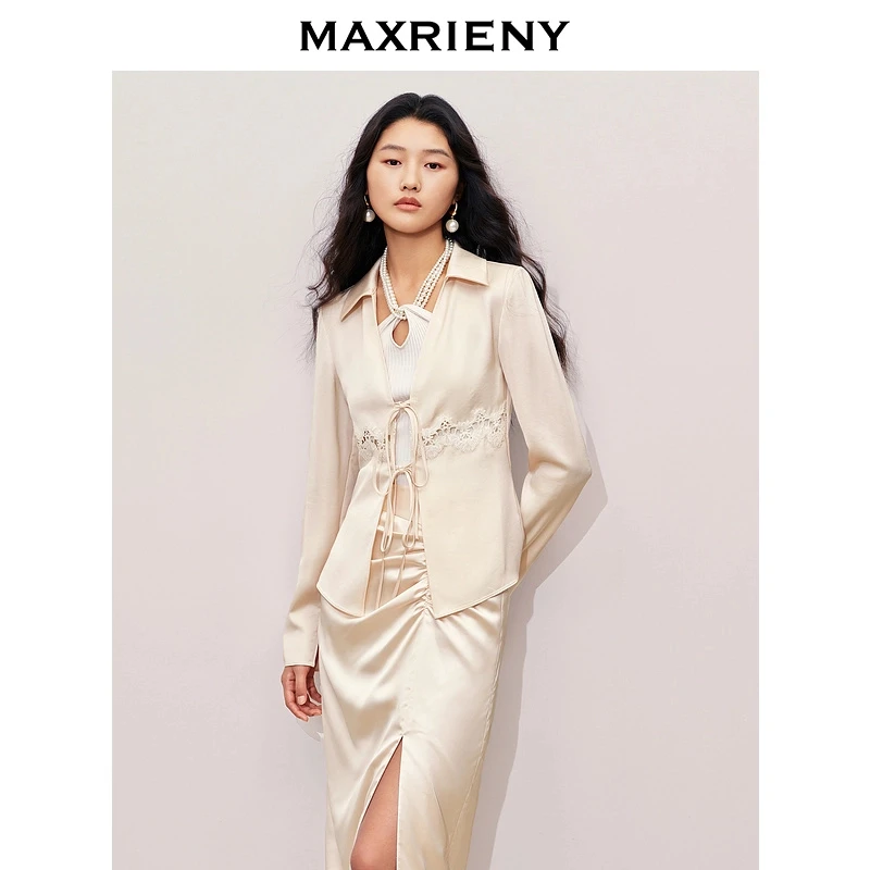 【诗语专属】MAXRIENY浪漫都市风显瘦外套蕾丝装饰系带2025春季新款