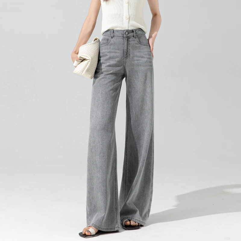 夏日轻薄喇叭裤女2025新款莱赛尔天丝牛仔裤灰色裤子直筒微喇长裤