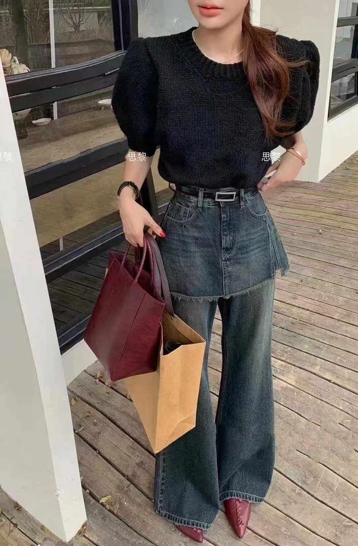 【66158】#设计感高腰直筒微喇牛仔裤【配皮带】