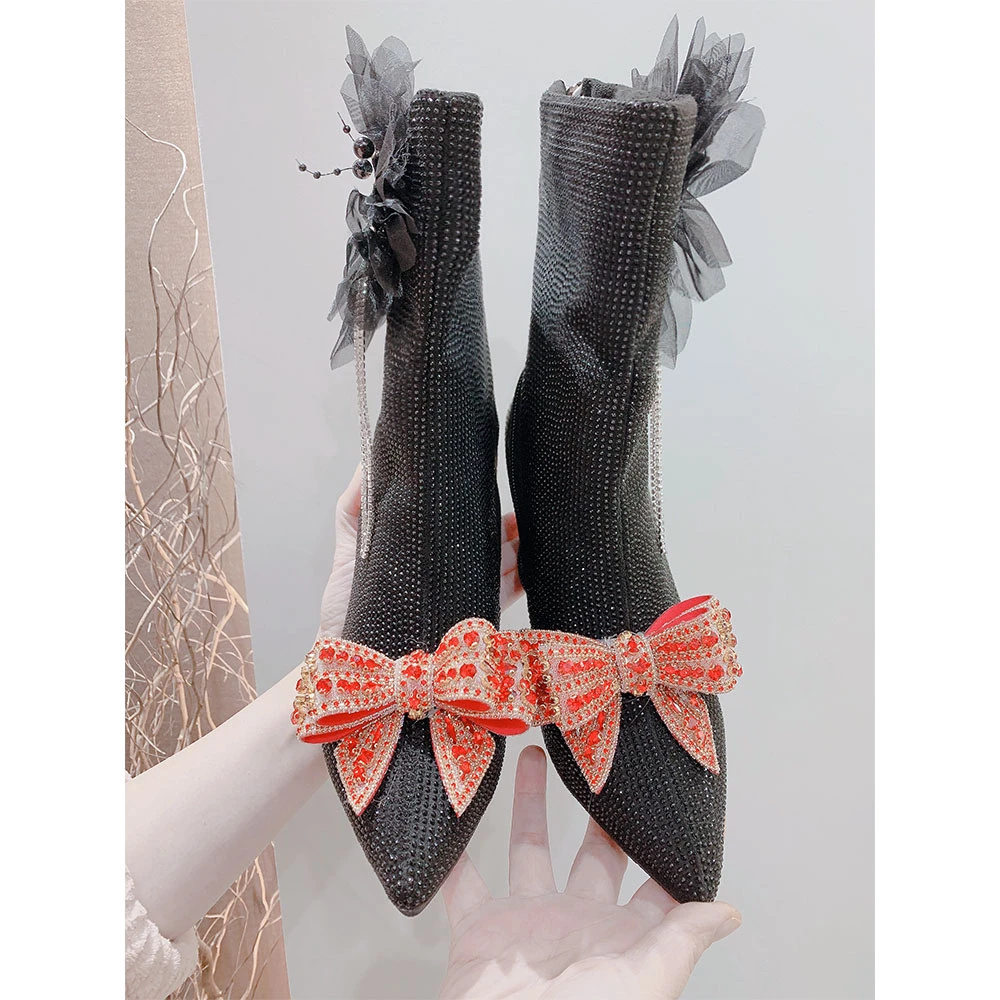 高端定制短靴高跟细跟冬尖头时装筒靴靴子轻奢亮钻蝴蝶结