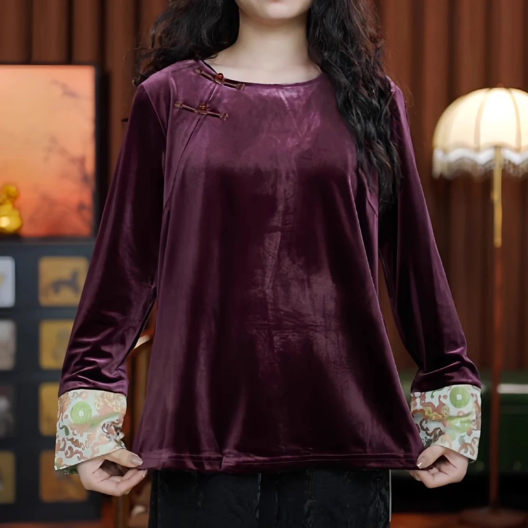 芳心未了（紫红）丝绒上衣短款女装秋季民族风