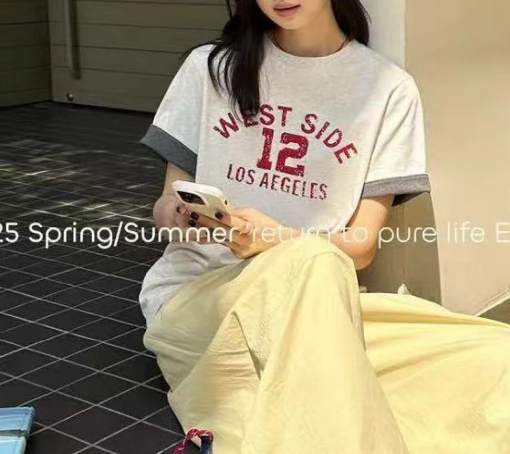 4153号8133#圆领百搭复古印花字母短袖