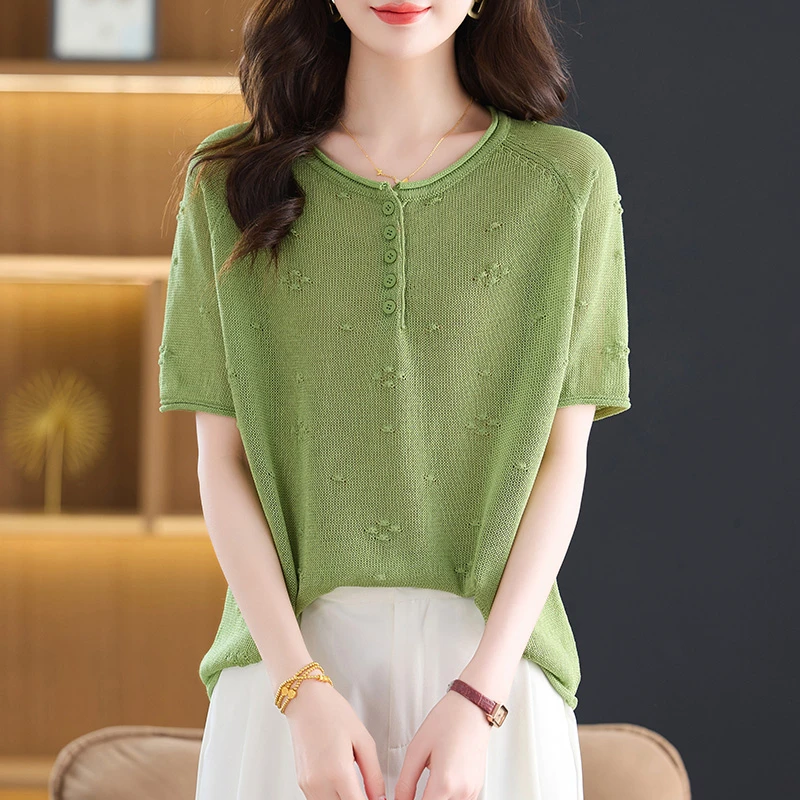 圆领女针织衫休闲妈妈装夏季短袖设计感纯色薄款大码遮肉百搭上衣