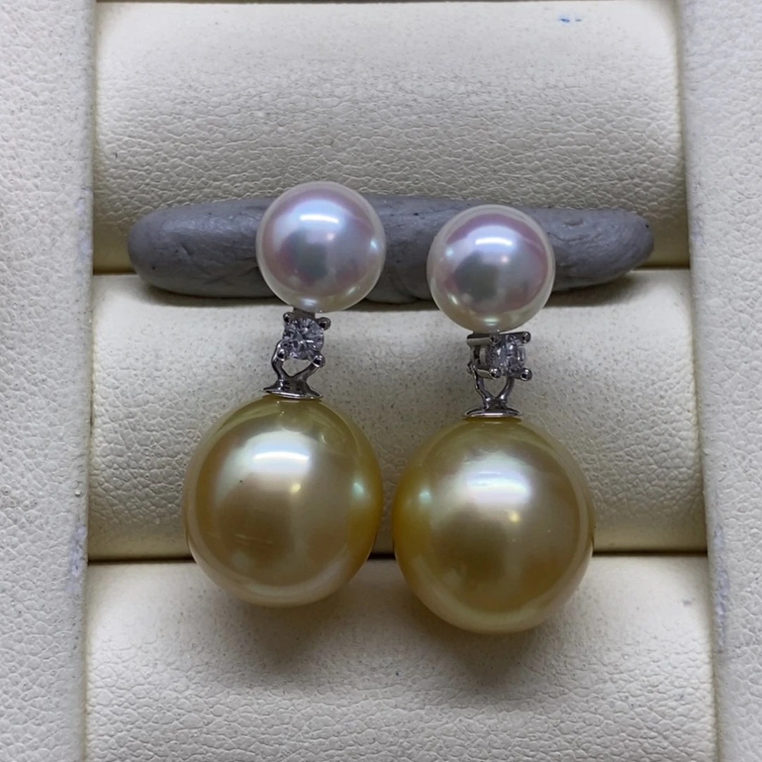 银S925镶嵌耳饰海水珍珠双珠耳饰7.8-12.8mm