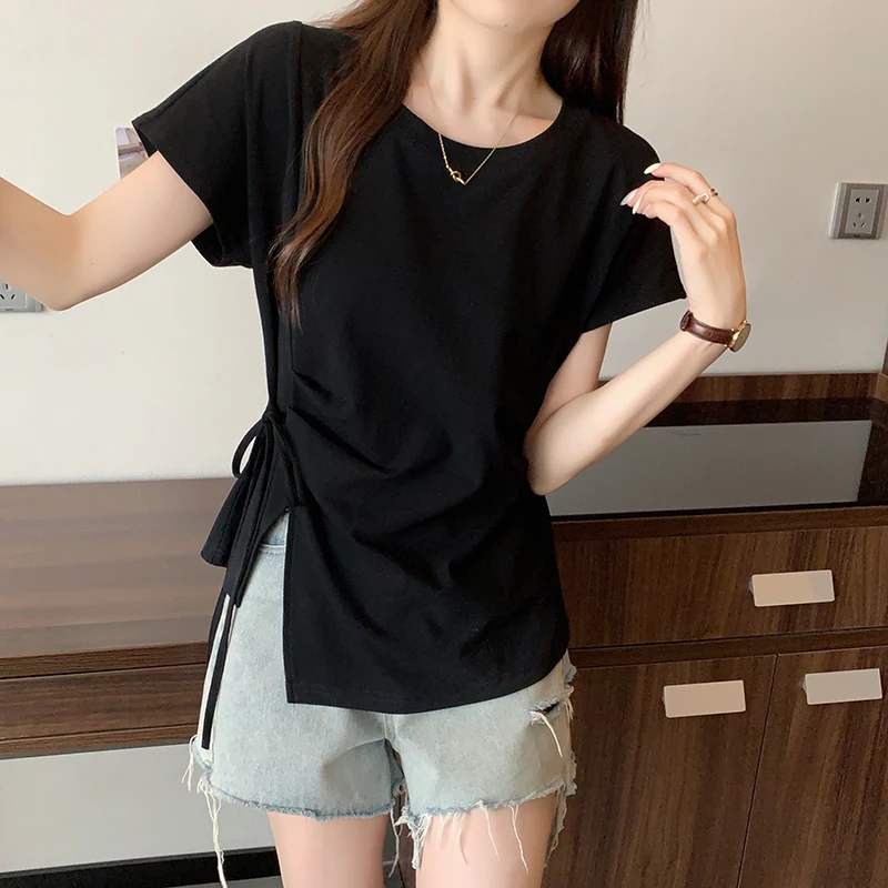 2025夏新胖mm大码女圆领褶皱立体蝴蝶结T恤多巴胺风格衣服纯欲风