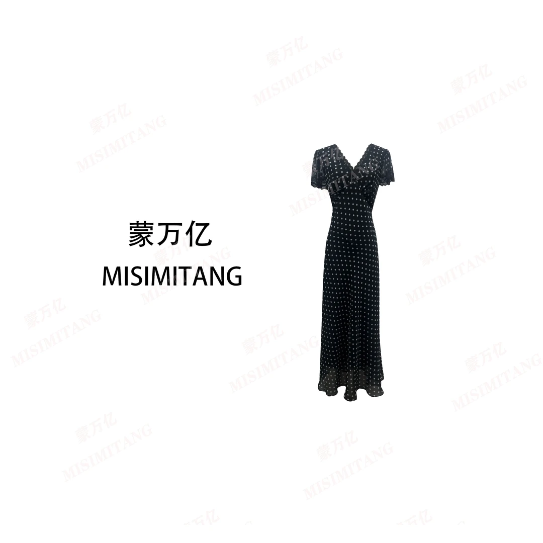 【繁星】早春法式波点黑色显瘦短袖女装连衣裙蕾丝欧若风收腰时尚