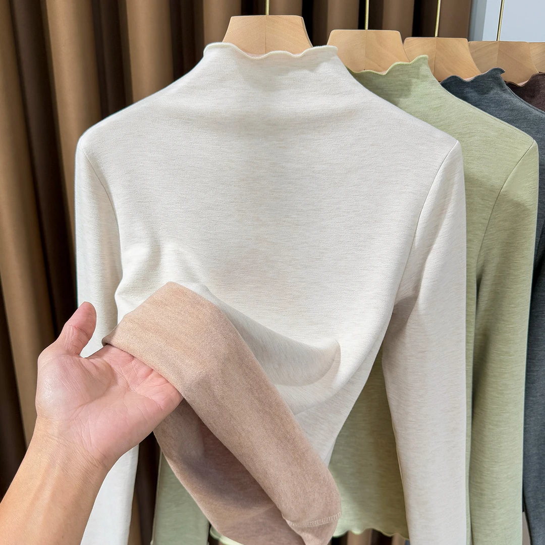 保暖德绒打底衫双面磨毛T恤女秋冬款加厚气质内搭木耳边修身小衫