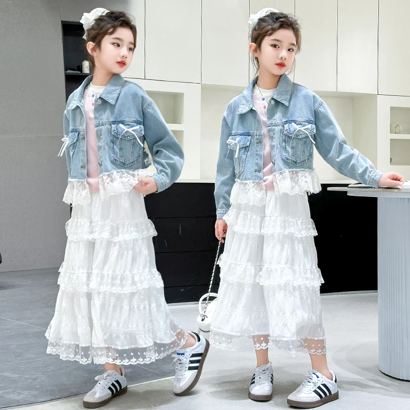 女童2025春季款中大童洋气蝴蝶结拼接蕾丝花边牛仔外套半身裙套装