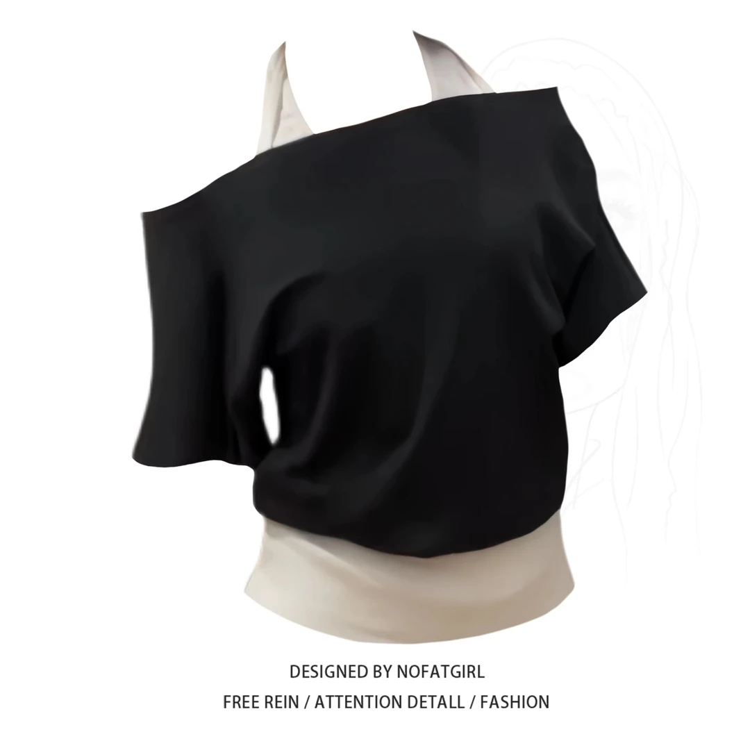 大码胖MM韩系假两件一字肩挂脖短袖T恤女夏季修身显瘦露肩上衣ins