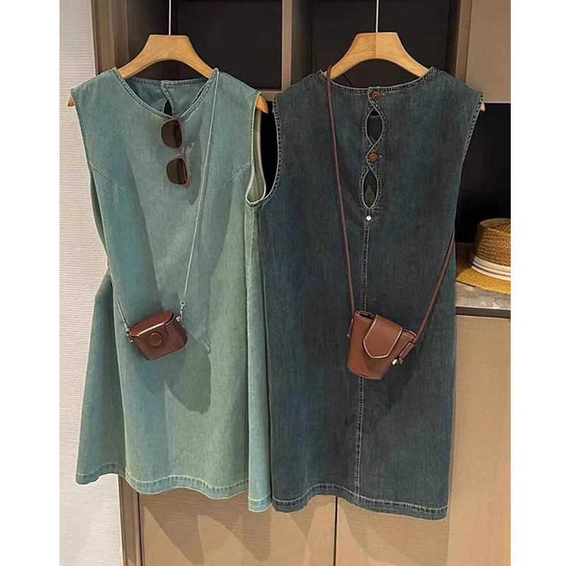设计镂空无袖牛仔连衣裙女夏季新款时尚薄款背心裙中长裙宽松