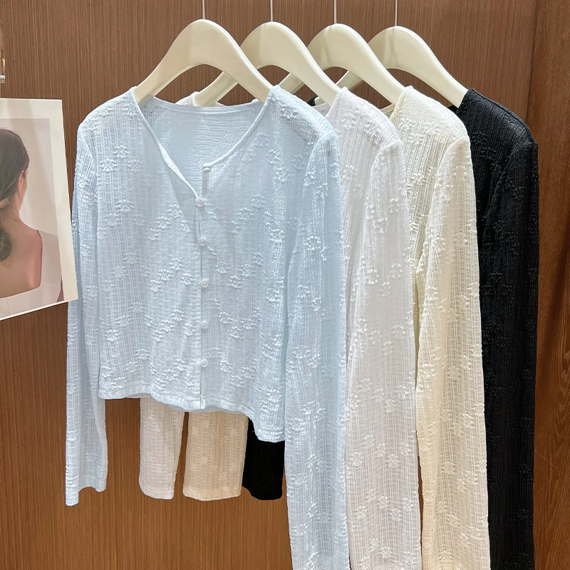 蓝色花朵竖条蕾丝V领防晒开衫女夏季配吊带裙外搭薄款披肩小罩衫