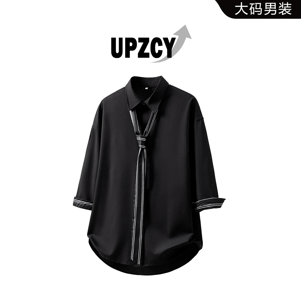UPZCY夏季男士七分袖衬衫大码宽松休闲领带短袖衬衫轻奢痞帅男装