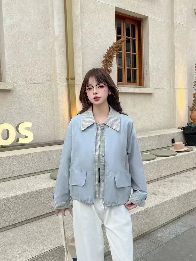 32161格子翻领休闲短外套