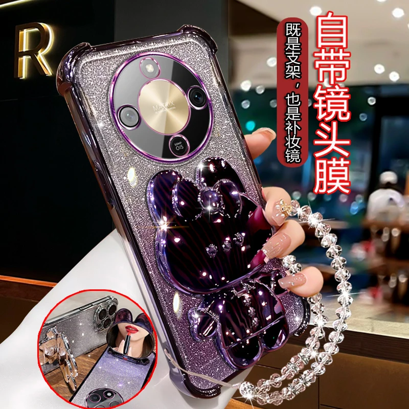 适用荣耀X70手机壳女潮新款5g四角防摔MTNAN00闪粉软壳带镜子支架