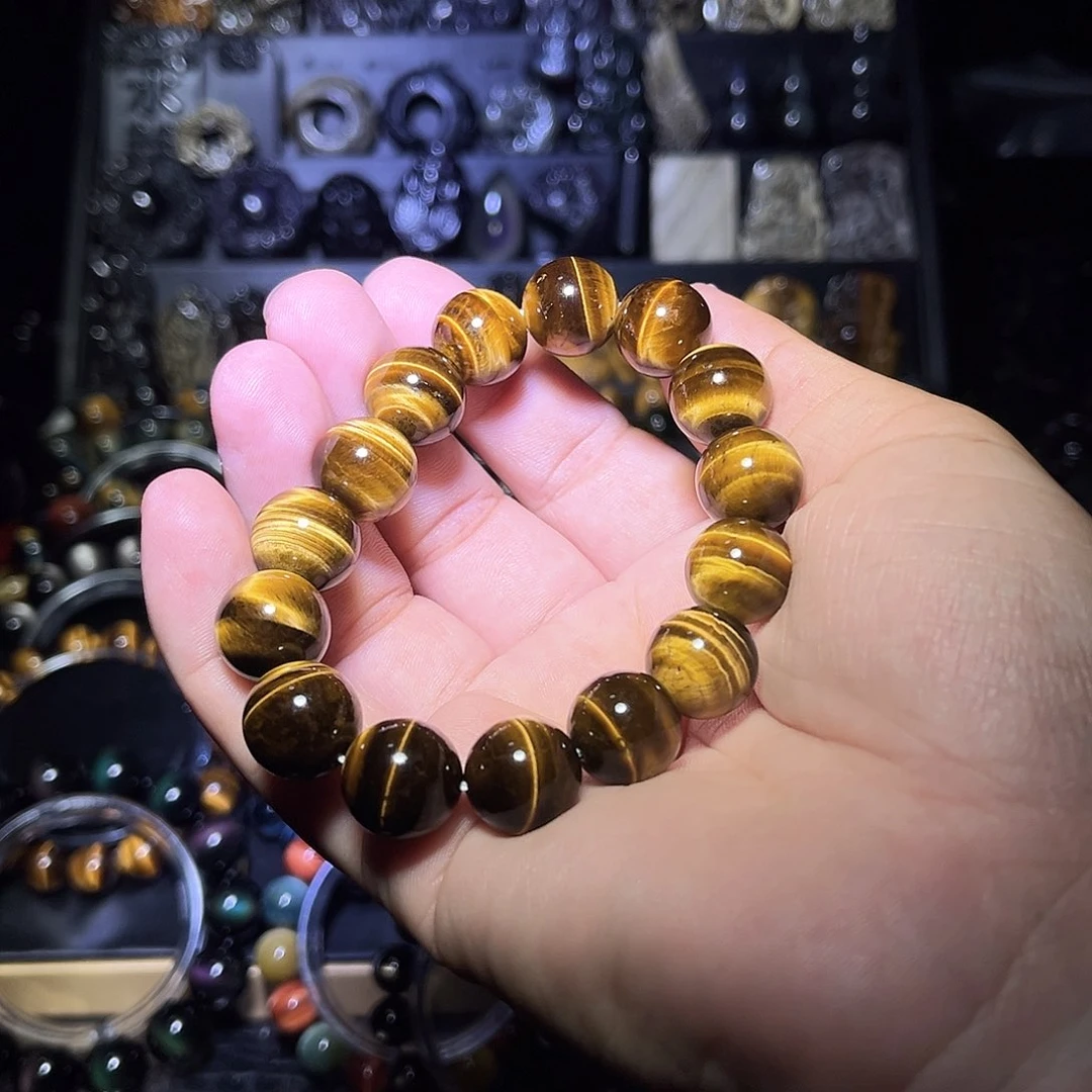 未镶嵌黑曜岩手链D****࿐天然黄虎眼闪电纹14mm