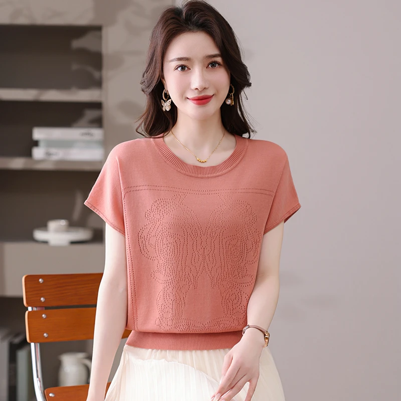 品牌撤柜清仓夏季爆款工艺镂空短袖T恤女圆领针织透气简约上衣