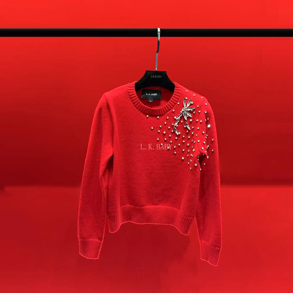 【L.K.BABY】满眼喜缘 法式温柔烫钻慵懒风百搭花朵针织上衣