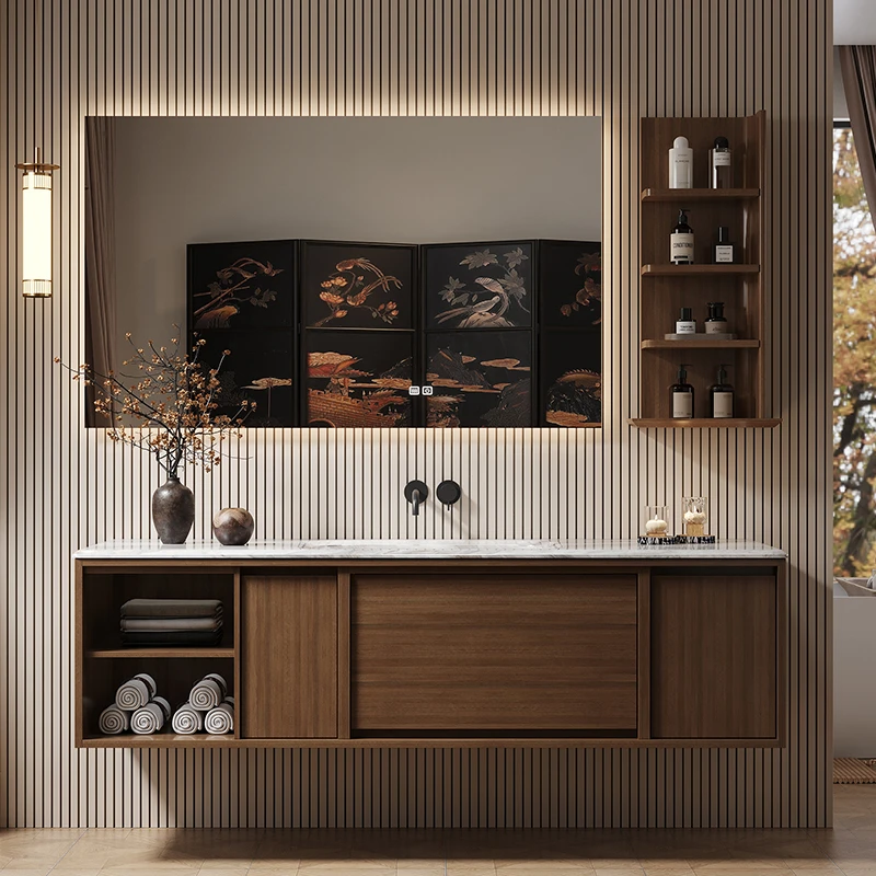 新中式浴室柜组合实木洗脸盆卫生间洗漱台洗手面盆岩板热弯一体盆