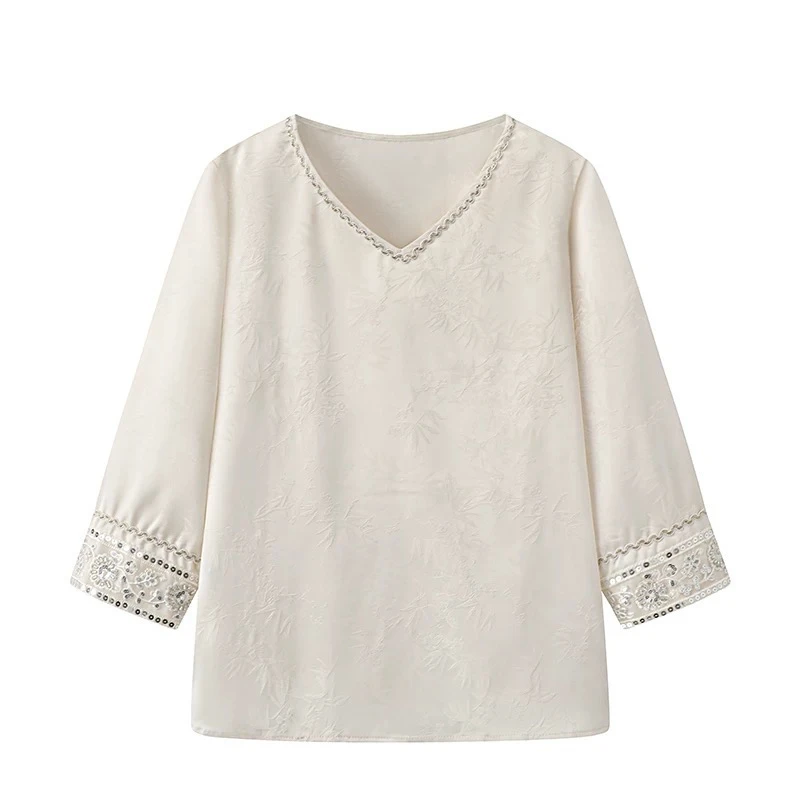 暗纹衬衫V领新中式宽松法式刺绣防晒长袖文艺提花中国风298