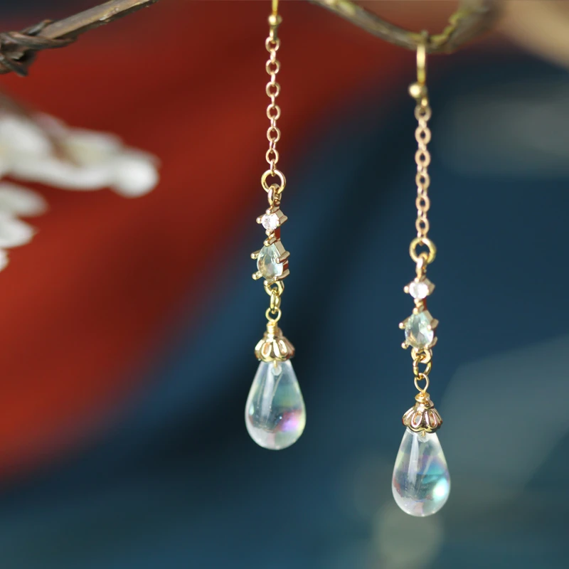 铜合金耳饰 【月凝】锆石幻彩水滴进口捷克琉璃耳环古典汉服