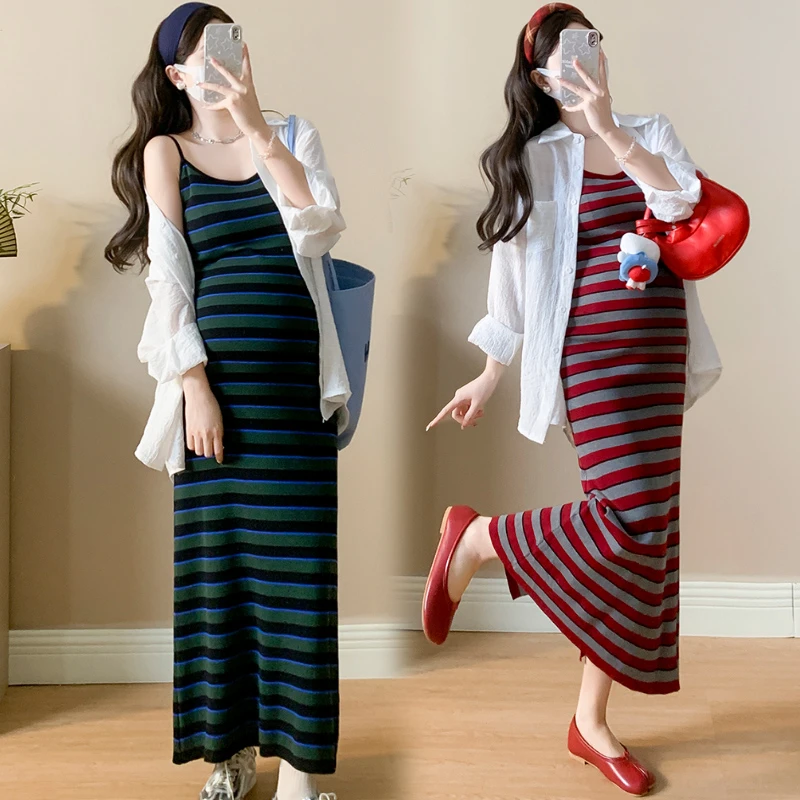 韩版孕妇装2025春夏针织连衣裙高级感条纹显瘦撞色裙子套装