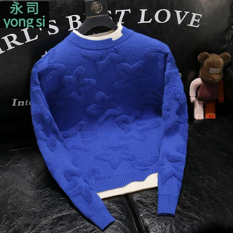 潮牌假两件毛衣男2025冬季新款慵懒风提花圆领针织衫ins潮打底衫