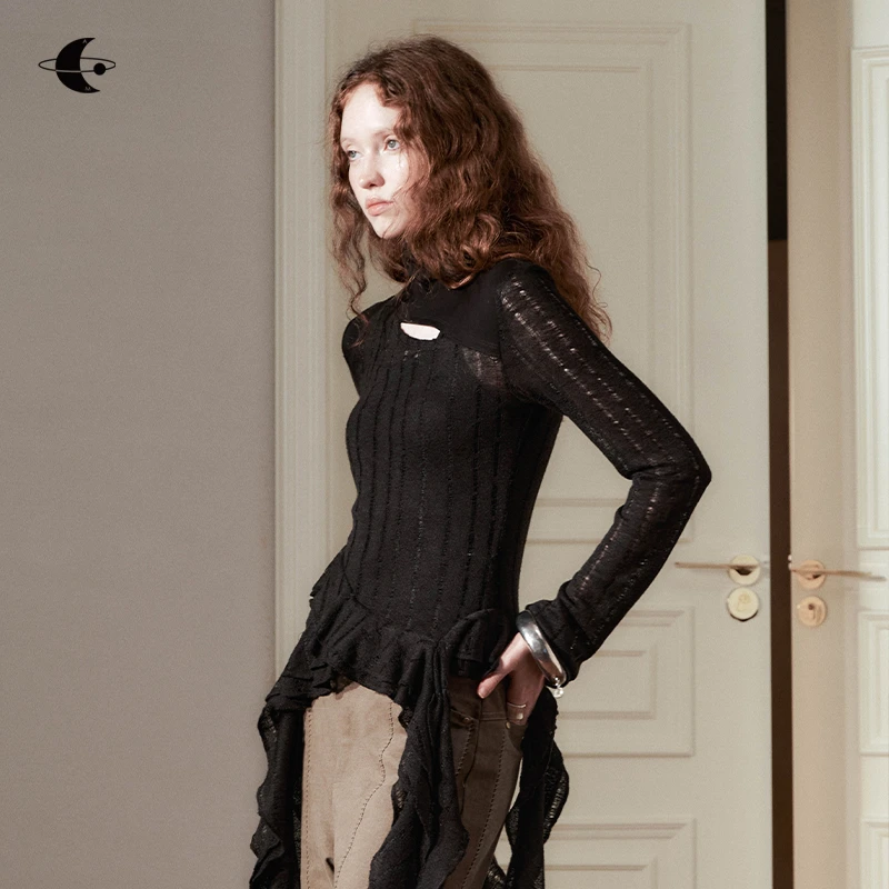 创世纪元【风气涟漪】设计感不规则荷叶边针织衫独特漂亮早秋上衣