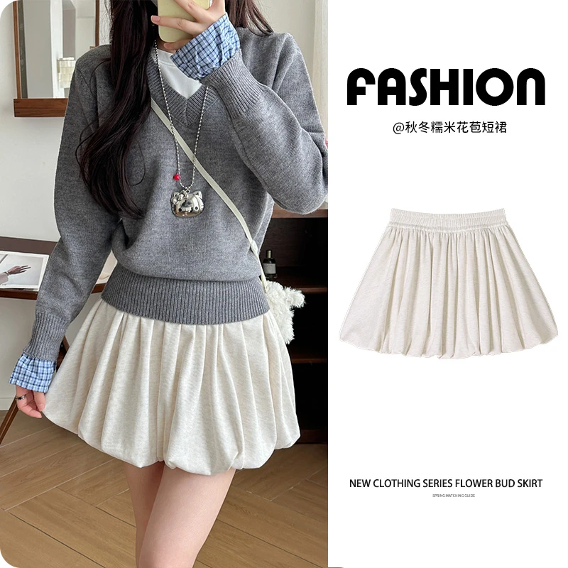 花苞短裙女糯米半身百褶裙2025秋季新款高腰裙裤显瘦百搭A字短裙